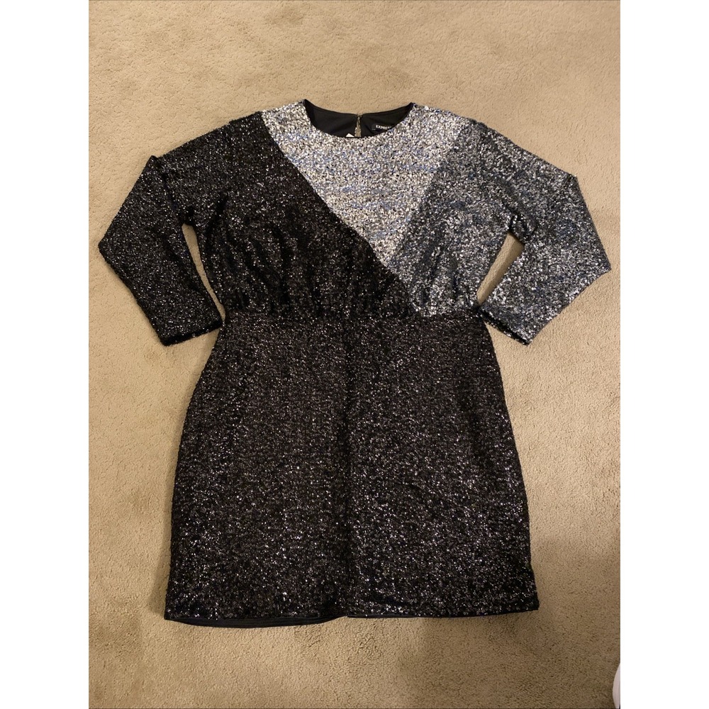 NWT EXPRESS SEQUIN GEOMETRIC DOLMAN PARTY COCKTAIL MINI DRESS BLK/GREY/SILVER L‎